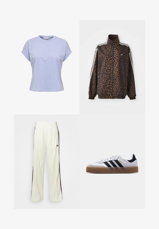 Jakkesæt med leopardprint i brun og sort, med hvide side-striber, høj krave og elastiske ærmer og kant. Glat syntetisk materiale.; Lyseblå stribet t-shirt med rund halsudskæring, korte opsmøgede ærmer og en afslappet pasform. Lavet af blødt stof med en glat tekstur.; Cremefarvede sweatpants med en afslappet pasform, der har mørkebrune sidelister og et broderet logo på venstre lår.; Hvide lædersneakers med sorte striber, gummirubber sål, rund tå, snørelukning og blød grå ruskinds tåhætte.