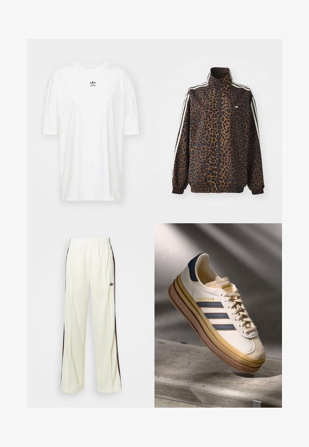 Leopard print zip jacket in brown and black, featuring white side stripes, high collar, and elastic cuffs and hem. Smooth, synthetic material.; adidas Originals TEE - Basic T-shirt - cloud white; Cream-colored sweatpants with a relaxed fit, featuring dark brown side stripes and an embroidered logo on the left thigh.; Adidas Gazelle sneaker featuring a cream suede upper, blue leather accents, three blue stripes, beige midsole, and brown rubber outsole.