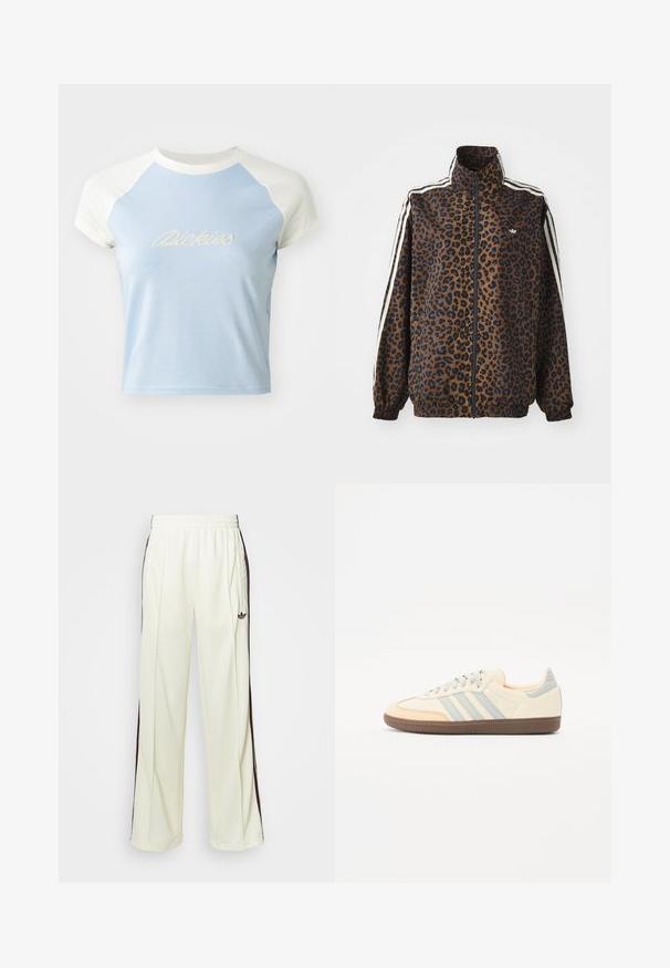 Svetřík se zebrovaným potiskem v hnědé a černé barvě, s bílými postranními pruhy, vysokým límcem a elastickými manžetami a lemem. Hladký syntetický materiál.; Světle modré zkrácené tričko s krátkými bílými raglánovými rukávy. Na přední straně je vyšitý dekorativní text "Dickies".; Krémové tepláky s uvolněným střihem, se šněrováním v tmavě hnědé barvě na bocích a vyšitým logem na levém stehně.; Tenisky s krémovým koženým svrškem, světle modrými pruhy a broskvovými akcenty. Mají strukturovanou hnědou gumovou podrážku a minimalistický design.