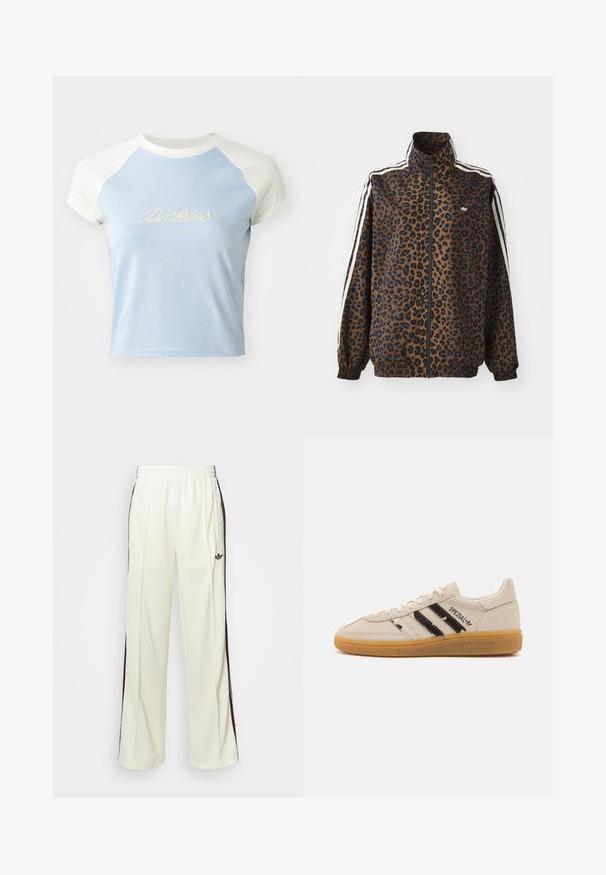 Prindi leopardimustriga jakki pruunis ja mustas, valgete külgtriipudega, kõrge kraega ning elastsete mansettidega ja helkuremadaga. Sile sünteetiline materjal.; Heledad helesinine lühike T-särk lühikeste valgete raglanvarrukatega. Esipaneelil on dekoratiivses stiilis broderitud "Dickies" tekst.; Kreemivärvi lõdvalt istuvad dressipüksid, mis on varustatud tumeda pruuniga külgtriipudega ja vasakul reiel tikitud logoga.; Beige nubukist sneaker mustrite mustade triipude ja "Spezial" tekstiga, millel on tekstureeritud kummist tald ja klassikaline paeltega sulgemine.