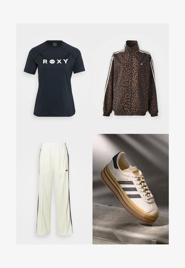 Barna és fekete leopárdmintás zipzáras dzseki, fehér oldalsávokkal, magas gallérral, valamint elasztikus mandzsettákkal és szegéllyel. Simább, szintetikus anyag.; Fekete, rövid ujjú rash guard rugalmas anyagból, fehér "ROXY" logóval az elején és kerek nyakkivágással.; Krémszínű, laza szabású melegítőnadrág, sötétbarna oldalsávokkal és hímzett logóval a bal combon.; Adidas Gazelle sneaker, krém színű velúr felsőrésszel, kék bőr részletekkel, három kék csíkkal, bézs középtalppal és barna gumitalppal.