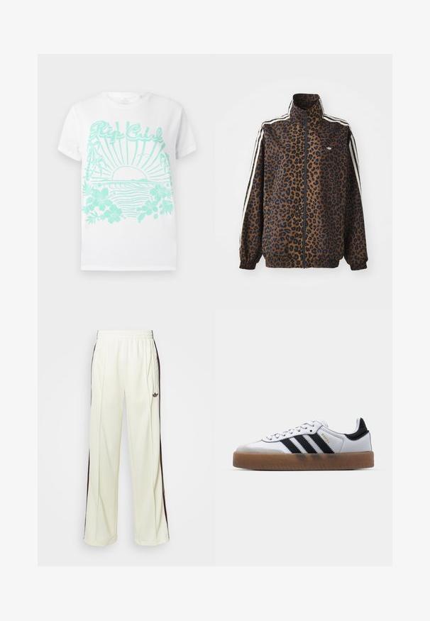 Lepardmønstret zip-jakke i brun og sort, med hvide sidelister, høj krave og elastiske manchetter og kant. Glat, syntetisk materiale.; Hvitt kortermet t-skjorte med turkis trykk av en sol som går ned over havbølger, palmer, hibiscus blomster, og "Rip Curl" tekst.; Kremfargede joggebukser med en avslappet passform, som har mørkebrune sidestriper og en brodert logo på venstre lår.; Hvite lær sneakers med svarte striper, gummisåle, rund tå, snøring, og myk grå semsket tåhette.