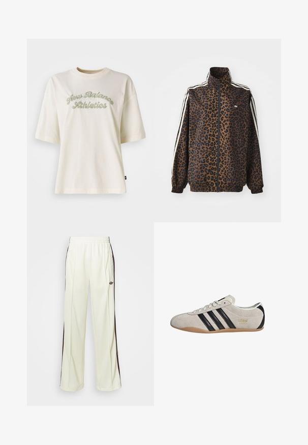 Leopardmönstrad zipjacka i brunt och svart, med vita sidostråk, hög krage och elastiska muddar och nederkant. Slätt, syntetiskt material.; Krämfärgad bomull t-shirt med korta ärmar, med en böjd grön textgrafik som säger "New Balance Athletics."; Krämfärgade sweatpants med avslappnad passform, som har mörkbruna sidosträck och en broderad logotyp på vänster lår.; Mockasinsneaker med en grå ovandel, svarta ränder och en gummisul. Har snörning och en gyllene logotypdetalj på sidan.