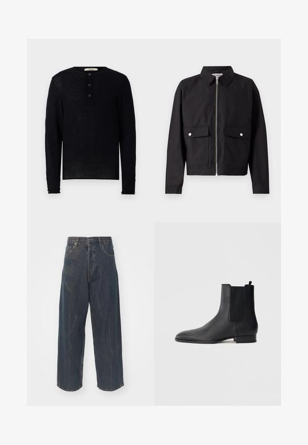 Black jacket with a zip front, short collar, and two front pockets. The fabric appears smooth and water-resistant. Simple design, no patterns.; Black long-sleeve henley shirt made of soft fabric, featuring a round neckline and three front buttons. Slightly loose fit with ribbed cuffs.; Wide-leg dark blue denim jeans with subtle distressed texture, five pockets, and a classic button and zipper closure at the waist.; Black leather Chelsea boot with elastic side panels and low stacked heel, shown in profile on a plain light background.