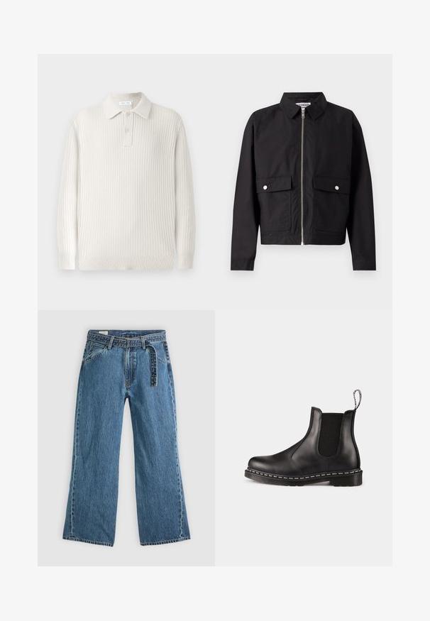 Μαύρο μπουφάν με φερμουάρ μπροστά, κοντό γιακά και δύο μπροστινές τσέπες. Το ύφασμα φαίνεται λείο και ανθεκτικό στο νερό. Απλός σχεδιασμός, χωρίς μοτίβα.; Ανοιχτό μπεζ πλεκτό πουκάμισο πόλο με ribbed υφή, γιακά και δύο κουμπιά. Διαθέτει μακριά μανίκια και στενή κάτω πλευρά.; Μπλε τζιν παντελόνι wide-leg με ενσωματωμένη ζώνη, εμπρόσθιες τσέπες και ορατή ραφή σε απλή ανοιχτόχρωμη φόντο.; Μαύρο δερμάτινο μποτάκι Chelsea με ελαστικές πλευρικές πάνελ, στρογγυλή μύτη, χερούλι , λευκή ραφή στη σόλα και υφή από καουτσούκ στην εξωτερική σόλα.
