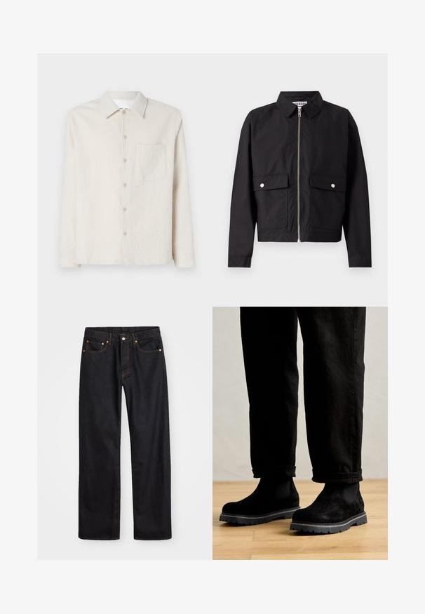 Mustakate mantel, millel on lukuga esikülg, lühike krae ja kaks esi-taskut. Kangas tundub sile ja veekindel. Lihtne disain, mustrid puuduvad.; Kreemitooni nööbiga särk, mis on valmistatud tekstuursetest kangast, sisaldab krae, pikaid varrukaid ja ühte rinnataskut.; Meeste sirge jala mustad denim teksad viie taskuga, oranž õmblus, nupu ja tõmblukuga ees nagu vöökoht.; Mustad mustreevärvi ankle-boots elastsete külgede ja mustade kummitaldadega, millel on mustad reljeefsed mustrid, koos rullitud mustade teksapükstega.