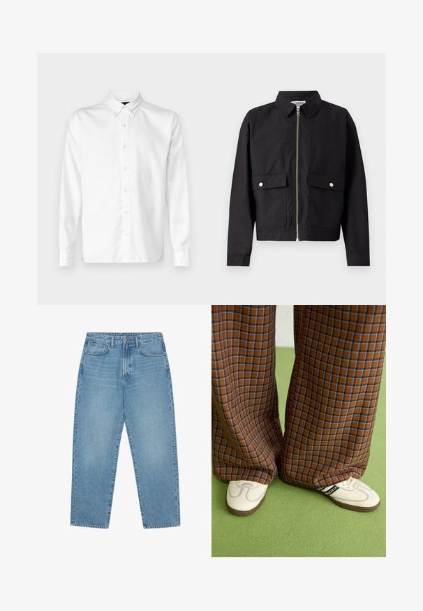 Black jacket with a zip front, short collar, and two front pockets. The fabric appears smooth and water-resistant. Simple design, no patterns.; White button-up shirt made of smooth fabric, featuring a classic collar, long sleeves, and a straight hem. Minimalist design without patterns.; Light blue denim wide-leg jeans with a high waist, featuring five pockets, belt loops, and a soft, slightly faded texture.; Brown and blue plaid wide-leg trousers paired with white shoes featuring black accents and textured soles, set against a green background.