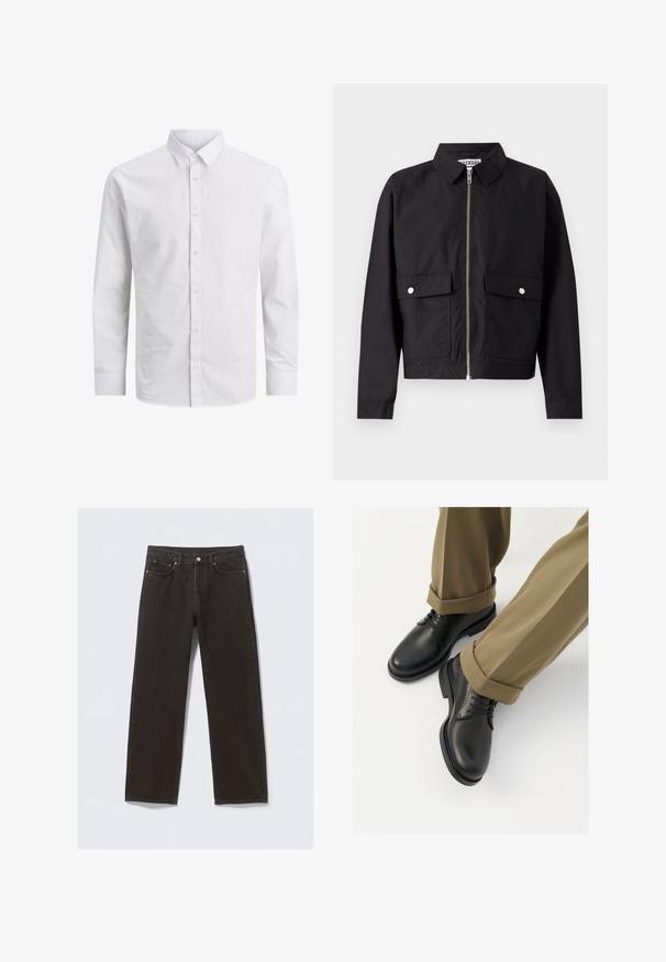 Giubbotto nero con zip frontale, colletto corto e due tasche anteriori. Il tessuto sembra liscio e resistente all'acqua. Design semplice, senza motivi.; Camicia da uomo a maniche lunghe bianca realizzata in cotone liscio, con colletto classico e chiusura frontale a bottoni, priva di fantasie o accessori.; Jeans in denim nero con design a gamba dritta, cinque tasche e cuciture color rame. Tessuto liscio, chiusura a bottone classica in vita.; Scarpe da uomo in pelle nera con una finitura liscia, dotate di lacci e punta arrotondata, abbinate a pantaloni khaki arrotolati.