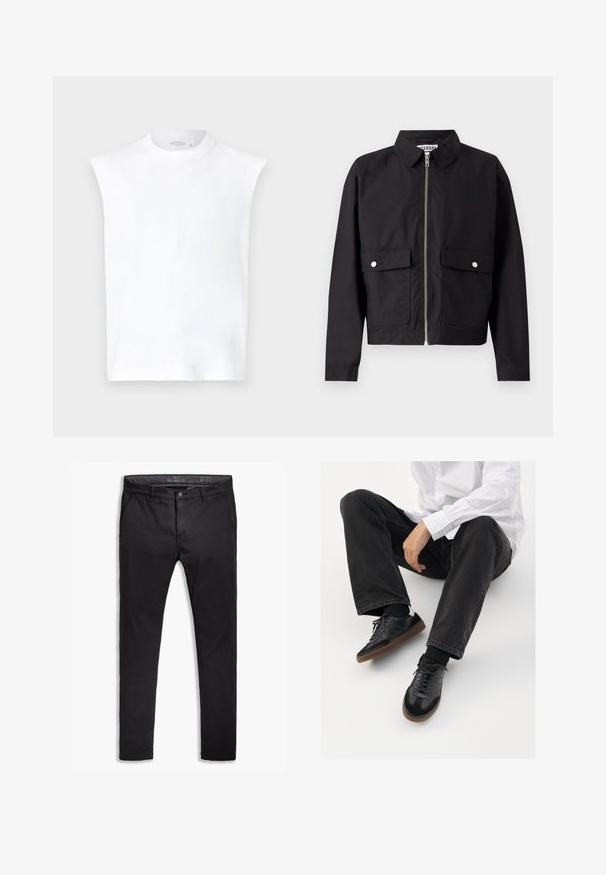 Černá bunda se zipem vpředu, krátkým límcem a dvěma předními kapsami. Látka vypadá hladce a je voděodolná. Jednoduchý design, bez vzorů.; Bílý bezrůžkový top s vysokým výstřihem, hladkým bavlněným materiálem, prodlouženým střihem a čistým, minimalistickým designem.; Černé bavlněné chinos kalhoty s tapered střihem, vybavené pěti kapsami, poutky na opasek a hladkým povrchem. Zapínání na zip s knoflíkovým uzávěrem.; Černé tenisky se hladkým a texturovaným svrškem, s kaučukovou podešví a tmavými šňůrkami. Skombinované s černými džínami a bílou proužkovanou košilí.