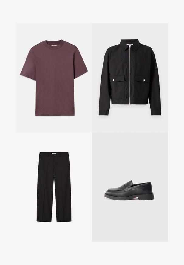 Črna jakna z zadrgo spredaj, kratkim ovratnikom in dvema sprednjima žepoma. Tkanina se zdi gladka in vodoodporna. Preprost dizajn, brez vzorcev.; Majica s kratkimi rokavi in okroglim izrezom v temno mauve barvi, izdelana iz mehkega bombaža. Ima minimalno označevanje v usklajeni barvi spredaj.; Črne široke hlače iz gladkega blaga. Imajo gumb in zadrgo, dva sprednja žepa in eleganten zaključek robov.; Črne usnjene mokasine z zaobljenim nosom, dvignjenim šivom in debelim gumijastim podplatom. Preprost dizajn z minimalnim logotipom na strani.