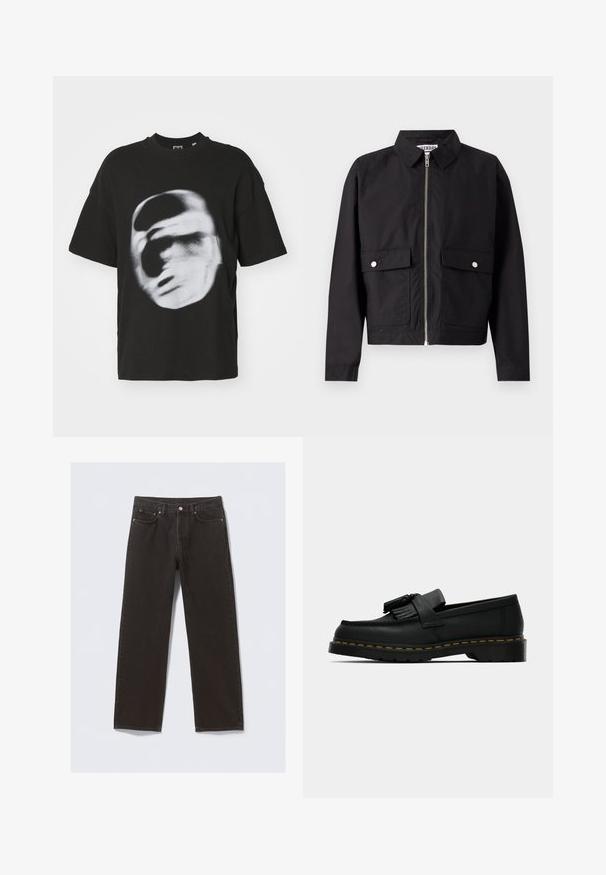 Schwarze Jacke mit Reißverschluss vorne, kurzem Kragen und zwei vorderen Taschen. Der Stoff wirkt glatt und wasserabweisend. Einfaches Design, ohne Muster.; Schwarzes Baumwoll-T-Shirt mit einer verwischten weißen Grafik eines Gesichts. Kurze Ärmel und Rundhalsausschnitt.; Schwarze Jeans aus Denim mit geradem Bein, fünf Taschen und kupferfarbenen Nähten. Glatte Textur, klassischer Knopfverschluss an der Taille.; Schwarzer Lederloafer mit Quasten, gelben Nähten entlang der Sohle und einer dicken, gerippten Gummisohle.