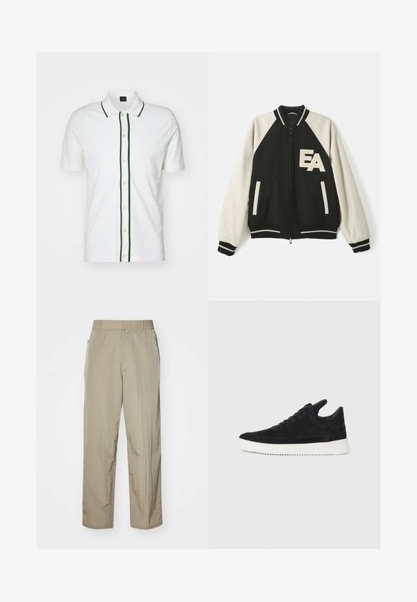 Schwarze und weiße Collegejacke mit cremefarbenen Ärmeln, Frontreißverschluss, gestreiften Bündchen und "EA"-Buchstaben auf der linken Brust.; Weißes Poloshirt mit kurzen Ärmeln, grüner Besatz am Kragen und der Knopfleiste sowie cremefarbenen Knöpfen, hergestellt aus einem glatten Stoff.; Beige leichte Hose mit lockerer Passform, ausgestattet mit einem elastischen Bund und seitlichen Taschen. Der Stoff wirkt strukturiert und leicht zerknittert.; Schwarze Wildleder-Sneaker mit einer weißen Gummisohle, die sich durch elegante Nähte und ein schnürbares Design auszeichnen. Glatte Textur mit einer modernen, stromlinienförmigen Form.