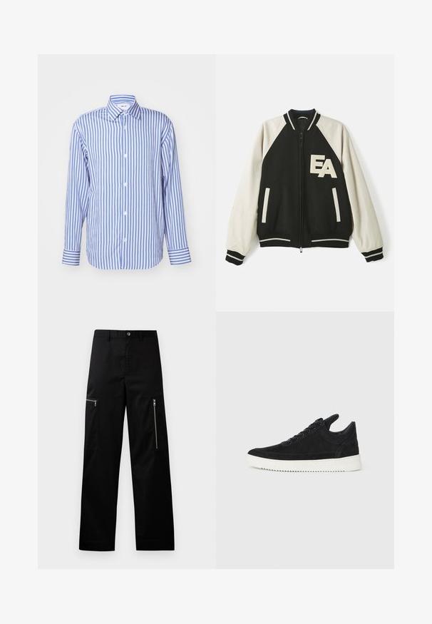 Giacca varsity bianco e nero con maniche crema, zip frontale, polsini a righe e lettere "EA" sul lato sinistro del petto.; Camicia a righe blu e bianche, con colletto, maniche lunghe, chiusura con bottoni, tessuto morbido, dotata di polsini con bottoni e righe verticali uniformemente distanziate.; Pantaloni cargo neri realizzati in tessuto resistente, con una linea dritta, due tasche laterali con zip e una chiusura a bottone classica.; Sneaker in suede nero con suola in gomma bianca, caratterizzato da cuciture tonali e design con lacci. Texture liscia con una forma moderna e aerodinamica.