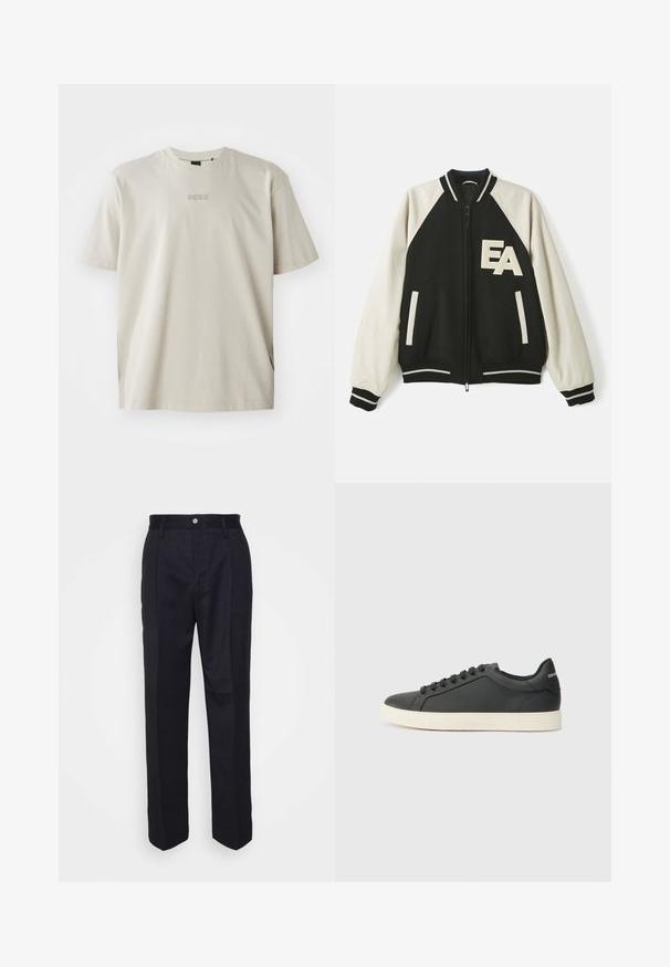 Sort og hvid varsityjakke med cremefarvede ærmer, frontlynlås, stribede manchetter og "EA" bogstaver på venstre bryst.; Beige bomulds t-shirt med rund halsudskæring og korte ærmer. Har et prægget "BOSS" logo på brystet. Glat tekstur, afslappet pasform.; Sort skræddersyede bukser med lige ben, lavet af glat stof, med en frontknaplukning og to sidelommer.; Sort lædersneaker med lav profil, rund tå og snørelukning; har en struktureret gummisål og logo-detalje på hælen.