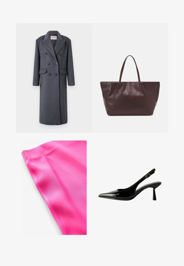 Replay JACKET - Klasický kabát - dark gray; Šedý dlouhý rukáv cardigan s knoflíky, kulatým výstřihem, žebrovanými manžetami a lemem, vystavený na bílém pozadí.; Dvě tílka bez rukávů: jedno bílé, s ribrovou strukturou, a jedno světle šedé se subtilním melírovaným vzorem. Obě mají kulaté výstřihy.; Jasně růžová saténová látka s hladkým povrchem, s čistým okrajem a jemným leskem. Žádné vzory ani další detaily nejsou viditelné.; Černé lakované kožené lodičky na podpatku s špičatou špičkou, výřezy na stranách, nastavitelným páskem kolem kotníku a tenkým, elegantním podpatkem.; Hnědá tkaná kožená taška přes rameno s dvěma madly, strukturovaným tvarem a texturovaným povrchem, s diamantovým vzorem po celém povrchu.