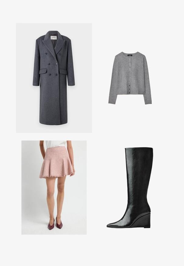 Replay JACKET - Cappotto classico - dark gray; Cardigan grigio a maniche lunghe con bottoni, scollo rotondo, polsini e orlo a costine, esposto piatto su sfondo bianco.; Maglietta a maniche lunghe, colletto rotondo, di colore crema realizzata in tessuto morbido. Presenta una linea diritta e un design minimalista senza decorazioni.; Gonna svasata di un rosa chiaro, con texture e orlo frangiato. Realizzata in tessuto intrecciato, presenta una vita alta. Abbinata a tacchi bordeaux.; Stivali in pelle nera alti fino al ginocchio, con punta affilata e tacco a zeppa. La superficie è liscia con una finitura lucida.