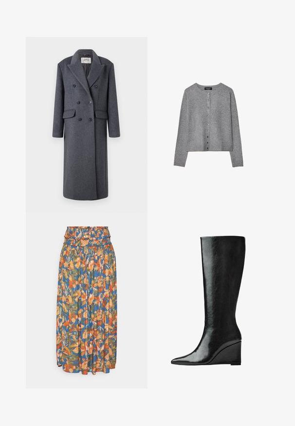 Replay JACKET - Klassischer Mantel - dark gray; Grauer langärmeliger Knopf-Cardigan mit rundem Ausschnitt, gerippten Bündchen und Saum, flach auf elfenbeinfarbenem Hintergrund ausgestellt.; Langärmliges T-Shirt mit Rundhalsausschnitt in Cremefarbe aus weichem Material. Verfügt über einen geraden Schnitt und ein minimalistisches Design ohne Verzierungen.; Blumen-Maxi-Rock mit gerafft Bund, der lebendige orange, grün und blaue Muster zeigt. Leichter Stoff mit plissierter Textur.; Knöchelhohe schwarze Lederstiefel mit schlanker, spitzer Zehenform und Wedge-Absatz. Die Oberfläche ist glatt mit einem glänzenden Finish.