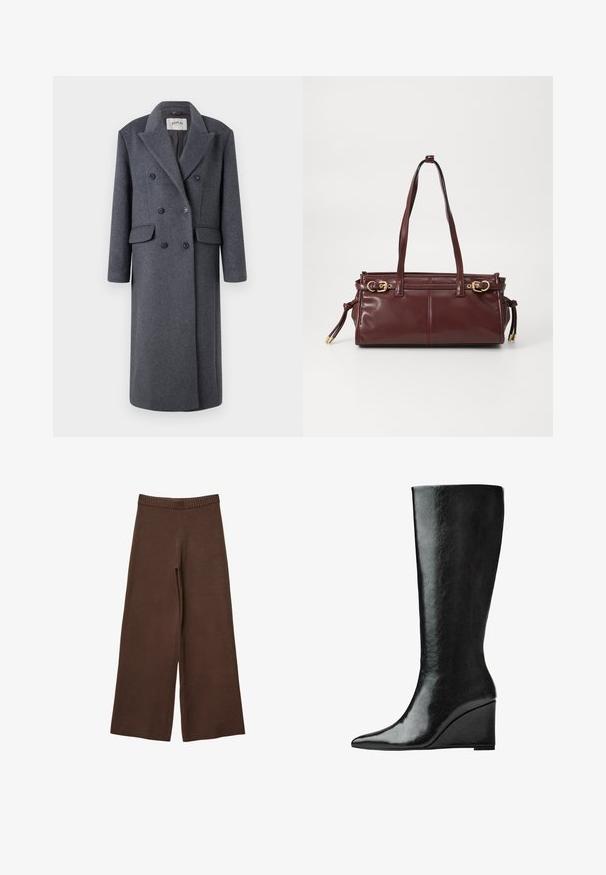 Replay JACKET - Klassischer Mantel - dark gray; Grauer langärmeliger Knopf-Cardigan mit rundem Ausschnitt, gerippten Bündchen und Saum, flach auf elfenbeinfarbenem Hintergrund ausgestellt.; Langärmliges T-Shirt mit Rundhalsausschnitt in Cremefarbe aus weichem Material. Verfügt über einen geraden Schnitt und ein minimalistisches Design ohne Verzierungen.; Braune weit geschnittene Hose aus weichem Stoff mit einem gerippten elastischen Bund und ohne sichtbare Verschlüsse oder Taschen.; Knöchelhohe schwarze Lederstiefel mit schlanker, spitzer Zehenform und Wedge-Absatz. Die Oberfläche ist glatt mit einem glänzenden Finish.; Burgunderfarbene Ledertasche mit zwei Schulterriemen, goldfarbenen Beschlägen und einem Reißverschluss. Verfügt über eine glatte Textur und subtile Nahtdetails.