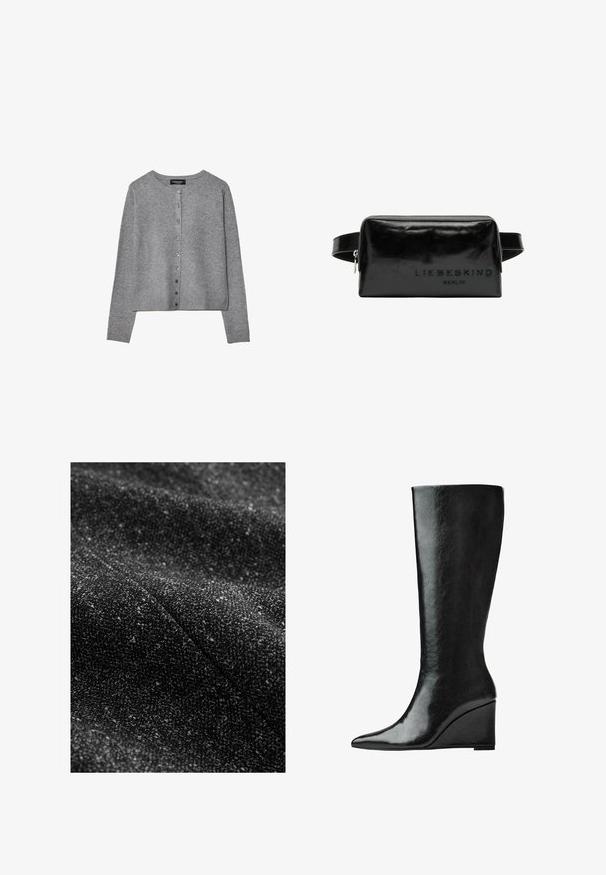 Replay JACKET - Manteau classique - dark gray; Cardigan gris à manches longues, avec boutons, encolure ronde, poignets et ourlet côtelés, présenté à plat sur fond blanc.; Haut à manches longues et col rond de couleur crème, fabriqué en tissu doux. Présente une coupe droite et un design minimaliste sans embellissements.; Tissu noir texturé avec des éclats plus clairs entrelacés, présentant une apparence douce et tissée ainsi qu'un motif subtil et varié.; Bottes en cuir noires jusqu'aux genoux avec un bout pointu et un talon compensé. La surface est lisse avec une finition brillante.; Trousse de maquillage en cuir noir avec une texture lisse, de forme rectangulaire, et logo embossé "LIEBESKIND BERLIN" sur un côté. Elle dispose d'une fermeture éclair.