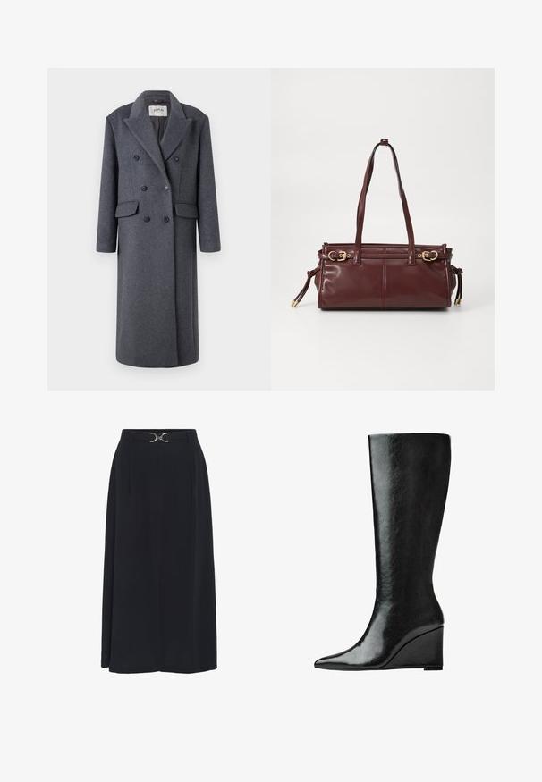 Replay - Klasyczny płaszcz; Długi rękaw, bluzka z okrągłym dekoltem w kolorze kremowym, wykonana z miękkiego materiału. Posiada prosty krój i minimalistyczny design bez ozdób.; Czarna spódnica do kolan z gładkiego materiału, z wysokim pasem ozdobionym srebrnym zapięciem i fałdami dla dodatkowego wymiaru.; Czarne skórzane kozaki sięgające do kolan, z eleganckim, spiczastym noskiem i obcasem w kształcie klina. Powierzchnia jest gładka o błyszczącym wykończeniu.; Burgundowa skórzana torebka na ramię z dwoma paskami, złotym wykończeniem i zamknięciem na zamek. Posiada gładką teksturę i subtelne detale wyszycia.