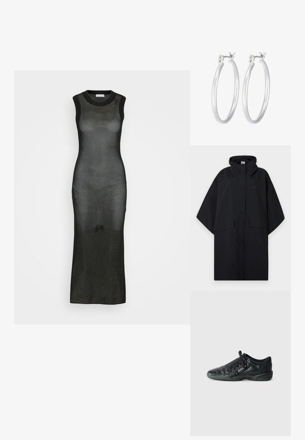 Mustan Nike vihmakindiga poncho, millel on ees velcro kinnitusega sulgemine, kaks klapiga taskut ning laiad ja lohakad varrukad.; Must have mustris ilma varrukat, mis on valmistatud võrkkangast, millel on istuv siluett ja ümar kaelus, koos pika külje lõhiga.; Must musta spordijalats, millel on kohandatud õmblustega disain, ümar varvas, kinnitusköidik ja kummitald. Küljel on peen brändimine.; Hõbedased rõngaskõrvarõngad, millel on sile, läikiv viimistlus. Ümmargune kuju ja turvaline klõpsulatus. Kerge disain, sobib igapäevaseks kandmiseks.