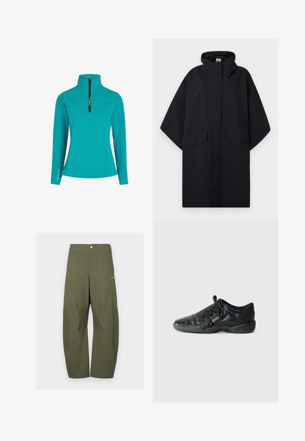 Schwarzer Nike Regenponcho mit Kapuze, vorderem Klettverschluss, zwei Klappentaschen und lockeren, weiten Ärmeln.; Türkisfarbener Fleece-Pullover mit halbem Reißverschluss vorne, hohem Kragen und langen Ärmeln. Mit einem "Polartec"-Logo am Ärmel. Schlichtes Design.; Olivgrüne, weit geschnittene Hose aus leichtem Stoff, mit einem vorderen Knopfverschluss und einem kleinen Nike-Logo auf der linken Seite.; Schwarzer, lederner Sportschuh mit einem gesteppten Design, abgerundeter Spitze, Schnürung vorne und Gummisohle. Mit dezentem Branding an der Seite.