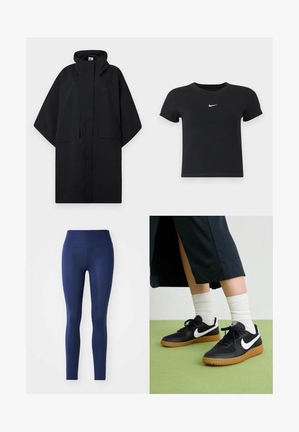 Czarny peleryna przeciwdeszczowa Nike z kapturem, z przodu na rzepy, dwie kieszenie z klapką i luźnymi, szerokimi rękawami.; Czarny krótki rękaw t-shirt wykonany z bawełny, z okrągłym dekoltem. Posiada białe logo Nike na piersi, minimalistyczny wzór oraz dopasowany krój.; Granatowe legginsy wykonane z elastycznego materiału, z wysokim stanem, gładką teksturą i pełnej długości, bez wzorów ani elementów metalowych.; Czarne skórzane i syntetyczne sneakersy z białym logo Nike, gumową podeszwą, okrągłym noskiem i czarnymi sznurowadłami. Widziane są ribbowane białe skarpetki.