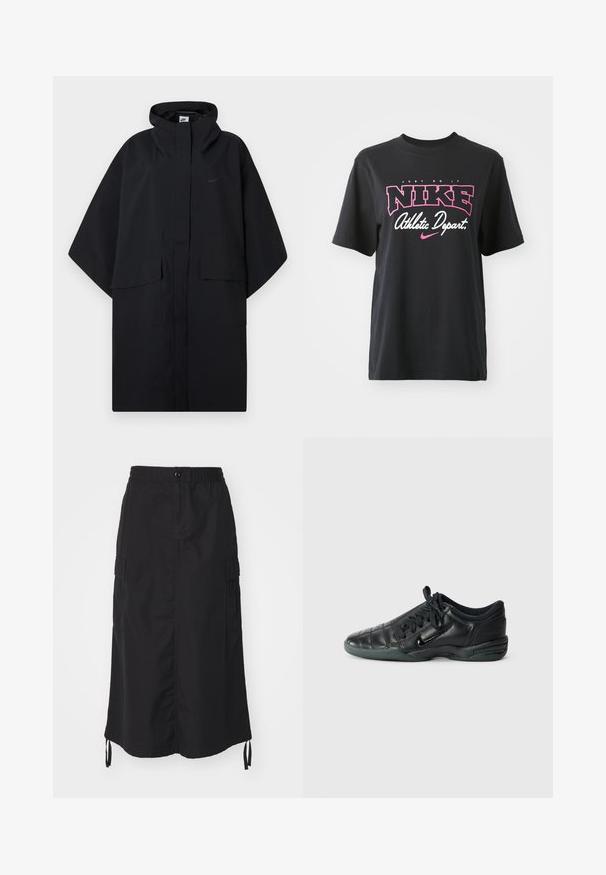 Sort Nike regnponcho med hætte, frontlukning med velcro, to klaplommer og løse, brede ærmer.; Sort bomulds T-shirt med grafisk print i pink og hvid med teksten "JUST DO IT," "NIKE," og "Athletic Depart." Standard pasform.; Sort mid-length nederdel lavet af letvægtsstof. Har en elastisk talje, knaplukning og sidelommer med snorede detaljer.; Sorte læder sportssko med quiltet design, rund tå, snørret foran og gummisål. Har subtil branding på siden.
