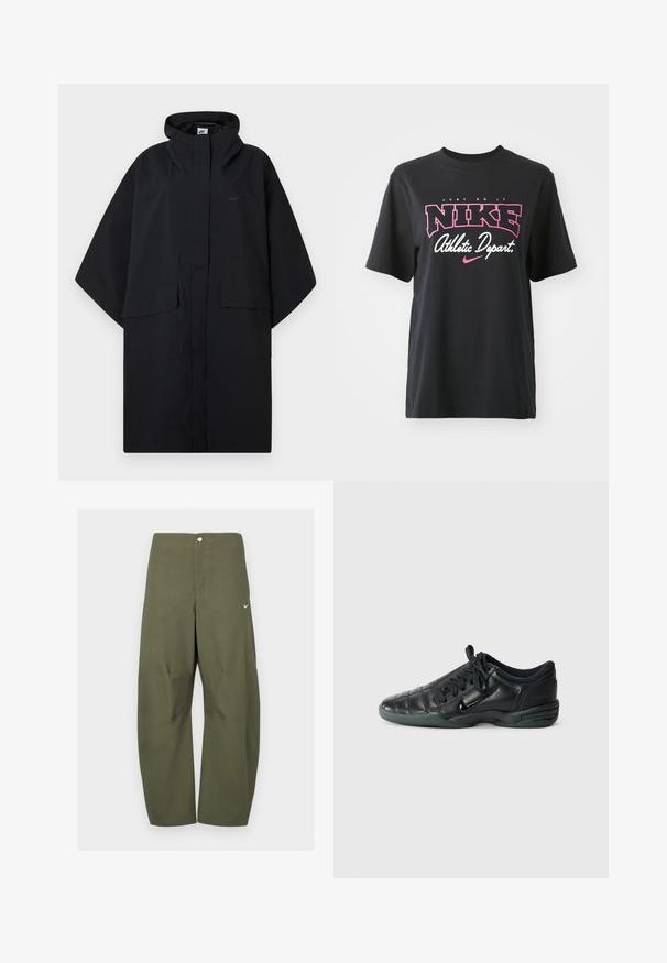Svart Nike regnponcho med hette, frontlukk med borrelås, to klafflommer og vide, løse ermer.; Svart bomulls T-skjorte med grafisk trykk i rosa og hvitt med teksten "JUST DO IT," "NIKE," og "Athletic Depart." Standard passform.; Olivegrønne, vide bukser laget av lett stoff, med knappelukking foran og en liten Nike-logo på venstre side.; Svarte lær idrettssko med en quiltert design, rund tå, snøring foran og gummisåle. Har diskret merkevare på siden.