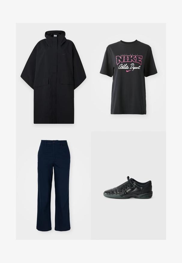 Black Nike rain poncho with hood, front velcro closure, two flap pockets, and loose, wide sleeves.; Black cotton T-shirt featuring a graphic print in pink and white with the text "JUST DO IT," "NIKE," and "Athletic Depart." Standard fit.; Navy blue wide-leg trousers made of cotton with a button closure, front pockets, and subtle stitching details. Tailored cut for comfort.; Black leather athletic shoe with a quilted design, rounded toe, lace-up front, and rubber sole. Features subtle branding on the side.
