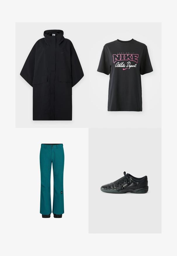 Schwarzer Nike Regenponcho mit Kapuze, vorderem Klettverschluss, zwei Klappentaschen und lockeren, weiten Ärmeln.; Schwarzes Baumwoll-T-Shirt mit einem grafischen Druck in Pink und Weiß, mit dem Text "JUST DO IT", "NIKE" und "Athletic Depart." Standardpassform.; Türkise Schneehosen mit entspannter Passform, ausgestattet mit einem schwarzen Bund und unteren Säumen. Das Material ist strapazierfähig und hat eine dezente Textur sowie ein seitliches Logo-Patch.; Schwarzer, lederner Sportschuh mit einem gesteppten Design, abgerundeter Spitze, Schnürung vorne und Gummisohle. Mit dezentem Branding an der Seite.