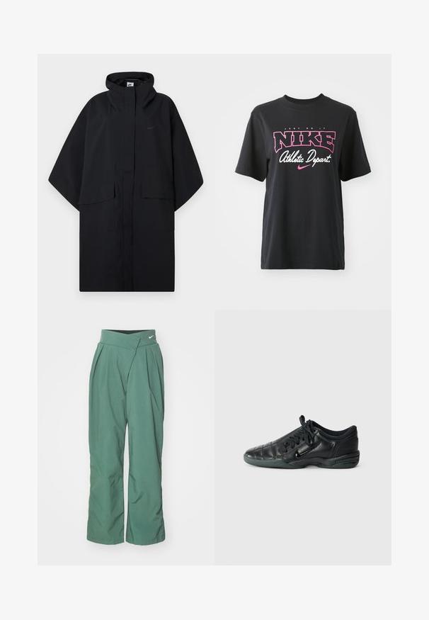 Musta Nike-sateenponcho hupulla, edessä tarrakiinnitys, kaksi läpällistä taskua ja löysät, leveät hihat.; Musta puuvillainen T-paita, jossa on ruusupinkki ja valkoinen graafinen printti. Tekstit "JUST DO IT", "NIKE" ja "Athletic Depart." Normaalimittainen.; Nike Sportswear TROUSER - Housut - vintage green/light army; Musta nahkakenkä urheilukäyttöön, jossa on päällystetty muotoilu, pyöreä kärki, nauhakiinnitys edessä ja kumipohja. Sivussa on hienovarainen brändäys.