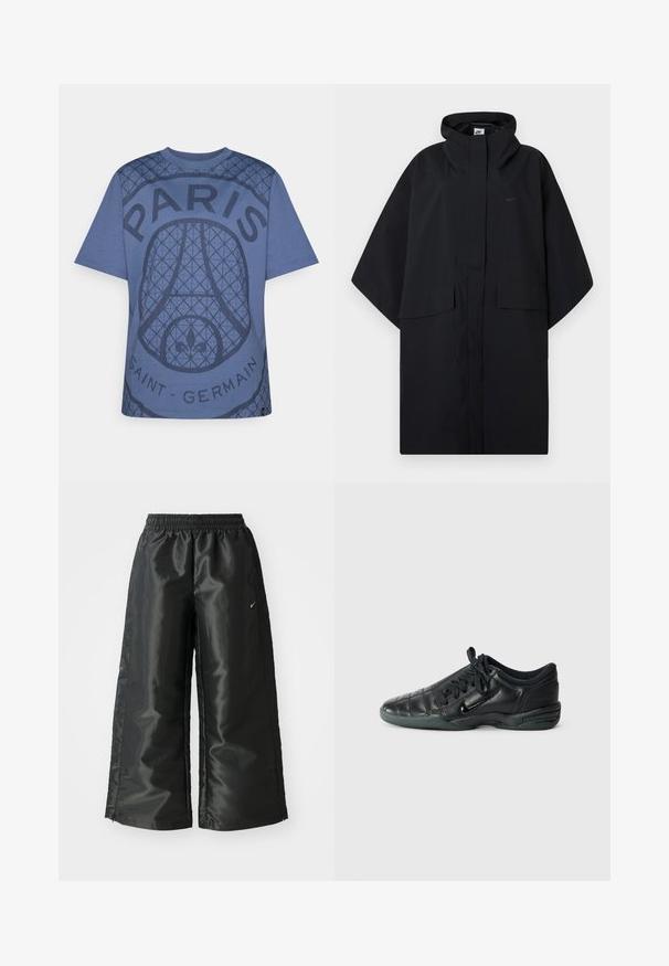 Čierny dáždnikový plášť Nike s kapucňou, predným suchým zipsom, dvoma vreckami s klopou a voľnými, širokými rukávmi.; Modrá bavlnená tričko s textúrovaným grafickým dizajnom so slovami "PARÍŽ" a "SAINT-GERMAIN", okrúhlym výstrihom a krátkymi rukávmi.; Čierne športové nohavice s lesklým, hladkým materiálom, ktoré majú elastický pás, široké nohavice a malé logo na ľavej strane.; Čierne kožené atletické topánky s prešívaným dizajnom, okrúhlou špičkou, šnurovaním vpredu a gumovou podrážkou. Obsahujú diskrétne logo na boku.