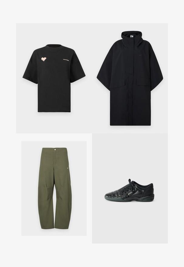 Fekete Nike esőponcsó kapucnival, elől tépőzáras záródással, két fedéllel ellátott zsebbel és laza, széles ujjal.; Fekete pamut póló rövid ujjakkal, kerek nyakkivágással, amelyen egy rózsaszín szív grafika és "PEGAADOR" felirat található az elején.; Olíva zöld, széles szárú nadrág könnyű anyagból, elülső gombos záródással és egy kis Nike logóval a bal oldalon.; Fekete bőr sportcipő steppelt mintával, kerek orral, fűzős elülső résszel és gumitalppal. Diszkrét márkajelzéssel az oldalon.