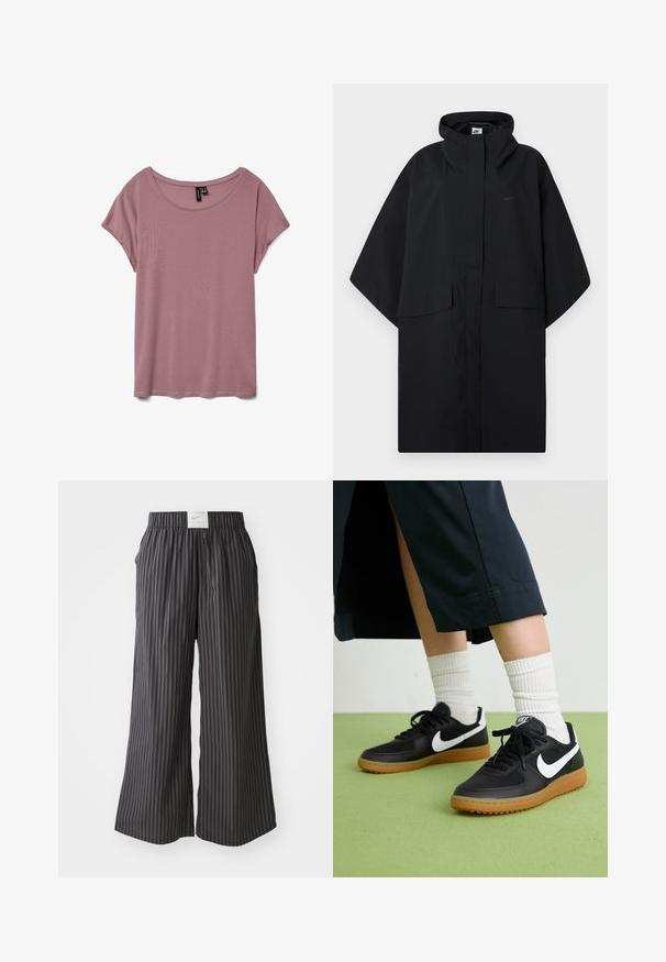 Melnais Nike lietus pončo ar kapuci, priekšējā velcro aizdare, divas kabatas ar atloku un brīvi plašas piedurknes.; Gaišs rozā īsām piedurknēm T-krekls, kas izgatavots no mīksta auduma ar apaļu kakla izgriezumu un brīvu piegriezumu, bez redzamām rakstām vai faktūrām.; Melni un pelēki svītraini platās kājas bikses ar elastīgu jostu un Nike logo birku aizmugurē. Viegls audums, brīvs piegriezums.; Melna āda un sintētiska materiāla sporta apavi ar baltu Nike logo, gumijas zole, apaļa purngala forma un melni šņores. Redzamas ribotas baltas zeķes.