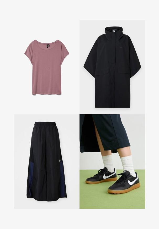 Čierny dáždnikový plášť Nike s kapucňou, predným suchým zipsom, dvoma vreckami s klopou a voľnými, širokými rukávmi.; Svetloružové tričko s krátkym rukávom vyrobené z mäkkej tkaniny s okrúhlym výstrihom a voľným strihom, bez viditeľných vzorov alebo textúr.; Čierne voľné nohavice vyrobené z ľahkého materiálu, s námorníckym modrým postranným panelom a elastickým pásom. Malé biele logo na spodnej časti.; Čierne kožené a syntetické tenisky so bielym logom Nike, gumenou podrážkou, okrúhlou špičkou a čiernymi šnúrkami. Viditeľné biele pruhované ponožky.