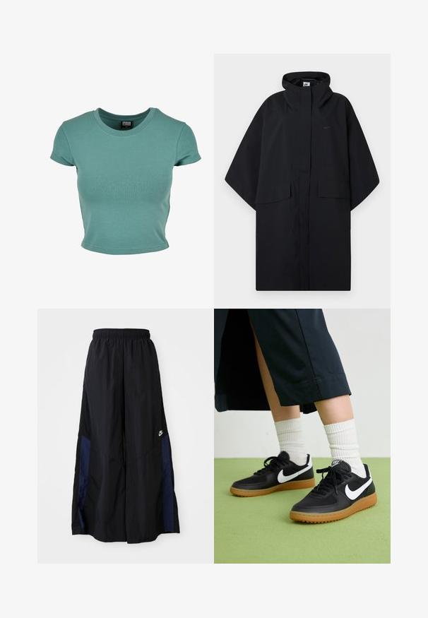 Mustan Nike vihmakindiga poncho, millel on ees velcro kinnitusega sulgemine, kaks klapiga taskut ning laiad ja lohakad varrukad.; Lühikeste varrukatega, ümmarguse kaelusega t-särk türkiissinises, valmistatud pehmest puuvillaste materjalidest, millel on sobiv disain ja ääristatud servad.; Mustad laiad mustad püksid kergest kangast, millel on tumesinine külgpaneel ja elastne vöökoht. Väike valge logo allservas.; Mustad nahast ja sünteetilised sneekerid valge Nike logoga, kummist gumme, ümar nina ja mustad paelad. Näha ribakujulisi valgeid sokke.