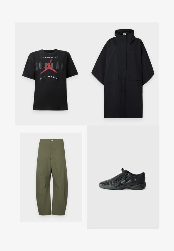 Mustan Nike vihmakindiga poncho, millel on ees velcro kinnitusega sulgemine, kaks klapiga taskut ning laiad ja lohakad varrukad.; Must värvi puuvillane T-särk, millel on lühikesed varrukad, ümar kaelus ja graafiline trükk punase silueti ning tekstiga "AUTHENTIC JORDAN BY NIKE."; Õlivihre värvi laiade jalgadega püksid, mis on tehtud kerge kangaga, esiosas nööbiga kinnitusega ja väikese Nike logoga vasakul poolel.; Must musta spordijalats, millel on kohandatud õmblustega disain, ümar varvas, kinnitusköidik ja kummitald. Küljel on peen brändimine.