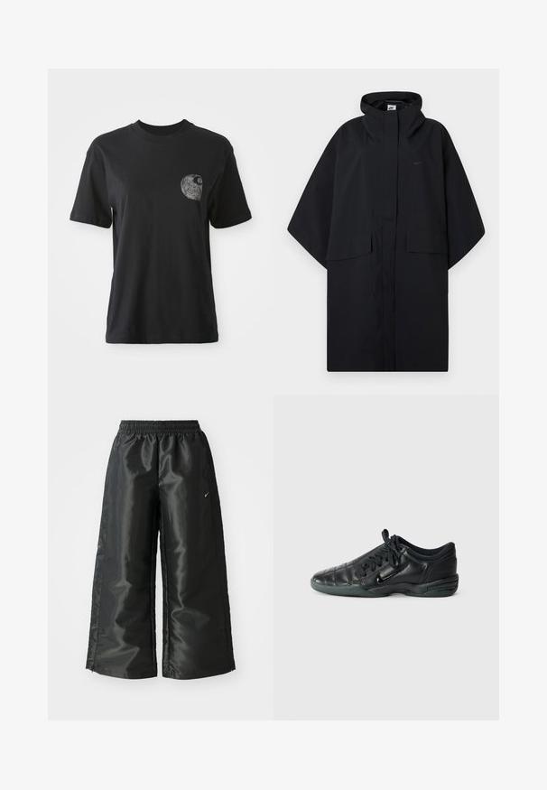 Schwarzer Nike Regenponcho mit Kapuze, vorderem Klettverschluss, zwei Klappentaschen und lockeren, weiten Ärmeln.; Schwarzes Baumwoll-T-Shirt mit rundem Halsausschnitt und kurzen Ärmeln, das ein strukturiertes Grafikdesign eines Spiral-Musters im Bereich der linken Brusttasche aufweist.; Schwarze Sporthose aus glänzendem, glattem Stoff, mit einem elastischen Bund, weitem Bein und einem kleinen Logo auf der linken Seite.; Schwarzer, lederner Sportschuh mit einem gesteppten Design, abgerundeter Spitze, Schnürung vorne und Gummisohle. Mit dezentem Branding an der Seite.