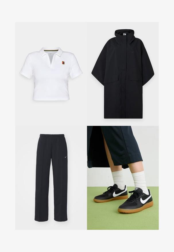 Poncho de ploaie negru Nike cu glugă, închidere cu velcro în față, două buzunare cu clapetă și mâneci largi, loose.; Polo alb cu mânecă scurtă, cu guler, având un mic logo colorat Nike și un accent cu dungi multicolore în interiorul gulerului.; Pantaloni jogger Nike negri cu talie elastică și buzunare laterale, având un mic logo alb pe piciorul stâng și un design drept.; Sneakers negre din piele și material sintetic cu logo-ul alb Nike, talpă din cauciuc, vârful rotund și șireturi negre. Șosete albe cu nervuri vizibile.
