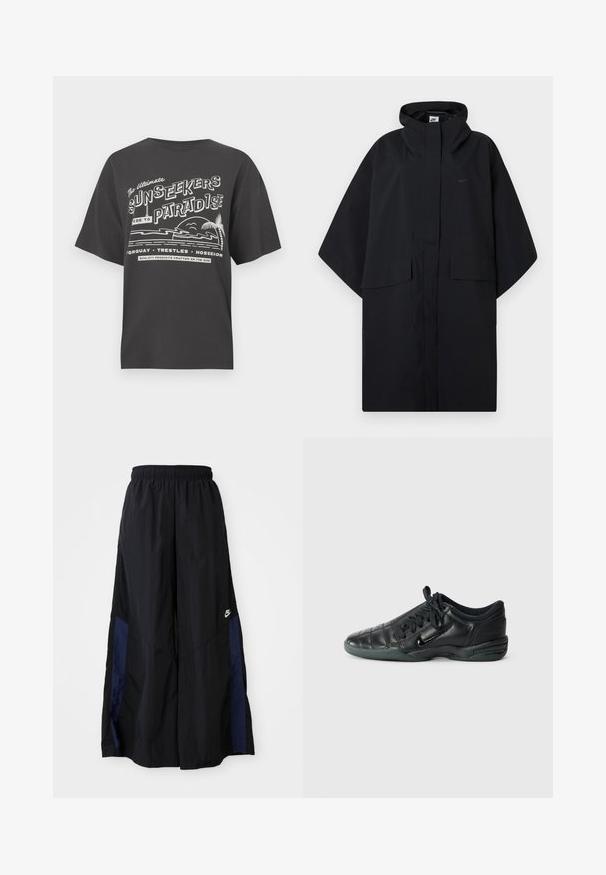 Black Nike rain poncho with hood, front velcro closure, two flap pockets, and loose, wide sleeves.; Black cotton T-shirt featuring a white graphic with text and beach imagery, including palm trees and waves. Relaxed fit and crew neckline.; Black wide-leg pants made of lightweight fabric, featuring a navy blue side panel and an elastic waistband. Small white logo on bottom.; Black leather athletic shoe with a quilted design, rounded toe, lace-up front, and rubber sole. Features subtle branding on the side.