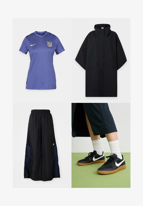 Čierny dáždnikový plášť Nike s kapucňou, predným suchým zipsom, dvoma vreckami s klopou a voľnými, širokými rukávmi.; Fialový futbalový dres s výstrihom do V, krátkymi rukávmi, so žltým logom Nike a viacfarebným tímovým znakom na prsiach.; Čierne voľné nohavice vyrobené z ľahkého materiálu, s námorníckym modrým postranným panelom a elastickým pásom. Malé biele logo na spodnej časti.; Čierne kožené a syntetické tenisky so bielym logom Nike, gumenou podrážkou, okrúhlou špičkou a čiernymi šnúrkami. Viditeľné biele pruhované ponožky.