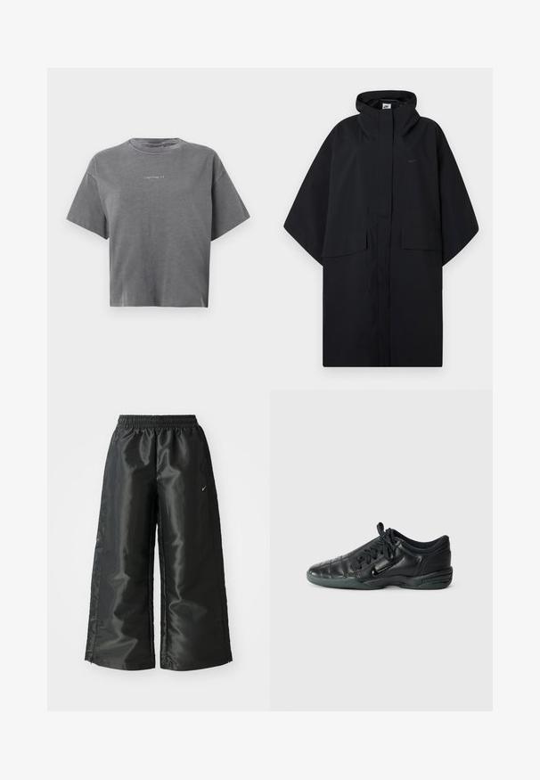 Crni Nike kišni pončo s kapuljačom, prednjim čičak zatvaranjem, dva preklopna džepa i širokim, ležernim rukavima.; Sivi kratki majica s kratkim rukavima, skraćena, s okruglim izrezom i malim bijelim "carhartt" logotipom u središtu na prednjoj strani.; Crne sportske hlače od sjajnoga, glatkog materijala, s elastičnim pojasom, širokim nogavicama i malim logom na lijevoj strani.; Crne kožne atletske cipele s kviltanim dizajnom, zaobljenim prstom, vezanjem sprijeda i gumenim potplatom. Imaju suptilno brendiranje sa strane.
