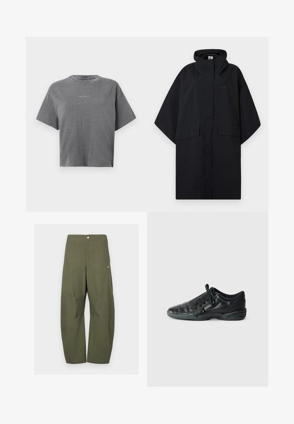 Poncho da pioggia nero Nike con cappuccio, chiusura frontale in velcro, due tasche con pattina e maniche larghe e morbide.; T-shirt grigio a maniche corte e crop con collo tondo e piccolo logo "carhartt" bianco centrato sul davanti.; Pantaloni verde oliva a gamba larga realizzati in tessuto leggero, con chiusura frontale a bottoni e piccolo logo Nike sul lato sinistro.; Scarpa sportiva in pelle nera con un design trapuntato, punta rotonda, allacciatura frontale e suola in gomma. Presenta un marchio discreto sul lato.