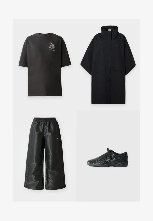 Black Nike rain poncho with hood, front velcro closure, two flap pockets, and loose, wide sleeves.; Black short-sleeve t-shirt featuring a small white Billabong logo and graphic on the chest. Made from soft cotton with a relaxed fit.; Black athletic pants with a shiny, smooth fabric, featuring an elastic waistband, wide legs, and a small logo on the left side.; Black leather athletic shoe with a quilted design, rounded toe, lace-up front, and rubber sole. Features subtle branding on the side.