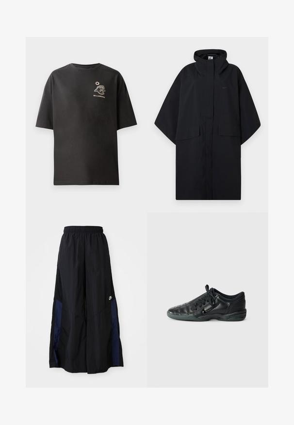 Poncho de chuva preto da Nike com capuz, fecho frontal em velcro, dois bolsos com aba e mangas largas e soltas.; T-shirt preto de manga curta com um pequeno logótipo e gráfico branco da Billabong no peito. Feito de algodão macio com um corte descontraído.; Calças largas pretas feitas de tecido leve, com um painel lateral azul-marinho e cintura elástica. Pequeno logótipo branco na parte inferior.; Sapatilha atlética em couro preto com um design acolchoado, bico arredondado, atilhos frontais e sola de borracha. Apresenta uma marcação discreta na lateral.