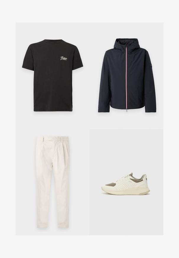 Schwarze Zip-Jacke mit Kapuze, ausgestattet mit einem kontrastierenden roten und weißen Reißverschluss sowie einem Logo-Patch am linken Ärmel. Glattes, leichtes Material.; Schwarzes Baumwoll-T-Shirt mit rundem Ausschnitt und kurzen Ärmeln. Mit weißem "Guess"-Logo auf der linken Brustseite. Klassischer gerader Schnitt.; Weiße, plissierte Hose mit taillierten Schnitt, die eine glatte Textur, Gürtelschlaufen und schmal zulaufende Beine aufweist. Keine sichtbaren Taschen oder Muster.; Weiße und hellbeige Sport Sneakers, ausgestattet mit einem Obermaterial aus Netzgewebe, perforierten Details und einer strukturierten Zwischensohle mit Branding an der Ferse.