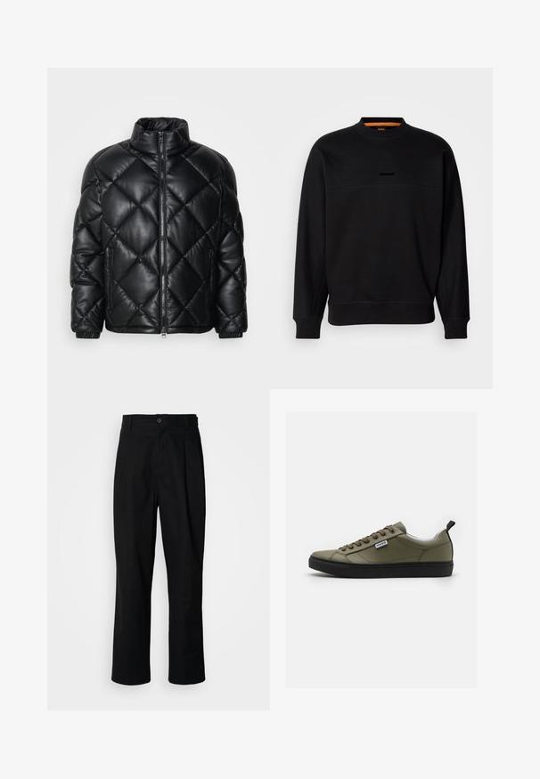 Czarna pikowana kurtka puchowa z wysokim kołnierzem, z przodu na zamek i zamykanymi kieszeniami po bokach, wykonana z gładkiego, błyszczącego materiału.; Czarna bawełniana bluza z okrągłym dekoltem, z poziomym szwem i subtelnie wytłoczonym logo. ściągacze przy rękawach i dolnym brzegu zapewniają strukturę.; Czarne spodnie o prostych nogawkach z zapięciem na guziki w pasie, szlufkami na pasek i fałdą z przodu, prezentowane na jednolitym białym tle.; Zielone skórzane sneakersy z czarną gumową podeszwą, okrągłym noskiem, sznurówką z przodu i małą metką z logo z boku. Teksturowana cholewka i gładkie wykończenie wewnętrzne.