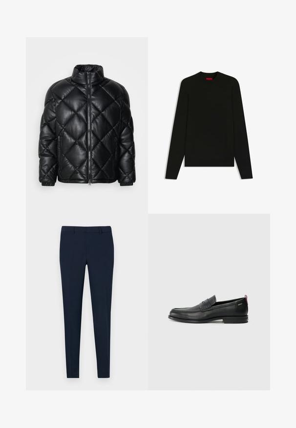 Schwarze gesteppte Puffjacke mit hohem Kragen, Frontreißverschluss und seitlichen Reißverschlusstaschen, aus glattem, glänzendem Material gefertigt.; Schwarzer Pullover mit langen Ärmeln und Rundhalsausschnitt, aus glattem Stoff gefertigt. Verfügt über einen gerippten Saum und Bündchen, mit einem roten Markenlabel innen.; Marineblaue, taillierte Hose mit schmaler Passform, flachem Bund und Gürtelschlaufen, aus glattem Stoff. Keine sichtbaren Muster oder Verzierungen.; Schwarze Lederloafers mit einem strukturierten Vorderteil und glatten Seiten. Sie verfügen über einen schmalen Absatz und eine Schlaufe an der Rückseite für einfaches Anziehen. Klassisches Design.