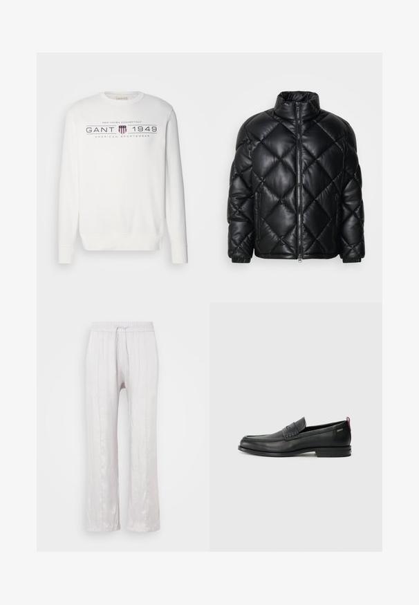 Sort quiltet pufferjakke med høj krave, frontlynlås og lynlåslommer i siden, lavet af glat, blankt materiale.; Hvid sweatshirt med lange ærmer, rund hals og ribbede manchetter. Har teksten "GANT 1949" og et logo i mørkeblå og rød.; Lys grå, løstsiddende bukser i glat stof med elastisk talje og snor. Lige ben med diskrete folder, ingen synlige mønstre.; Sorte læder loafers med en tekstureret frontpanel og glatte sider. Har en slank hæl og en bageste løkke til nem påtagning. Klassisk design.